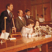 Sitting (left to right) Abbey Meyers and Sharon Dobkin. Standing and leaning on crutch (from a basketball injury) Senator Orin Hatch (R-UT), Rep. Henry Waxman (D-CA) and Rep. Ted Weiss (D-NY). Congressman Weiss died in 1992 from a sudden heart attack. This photo was taken around two years after the ODA became law. The press conference was held to explain Orphan Drug Act amendments that were being proposed.